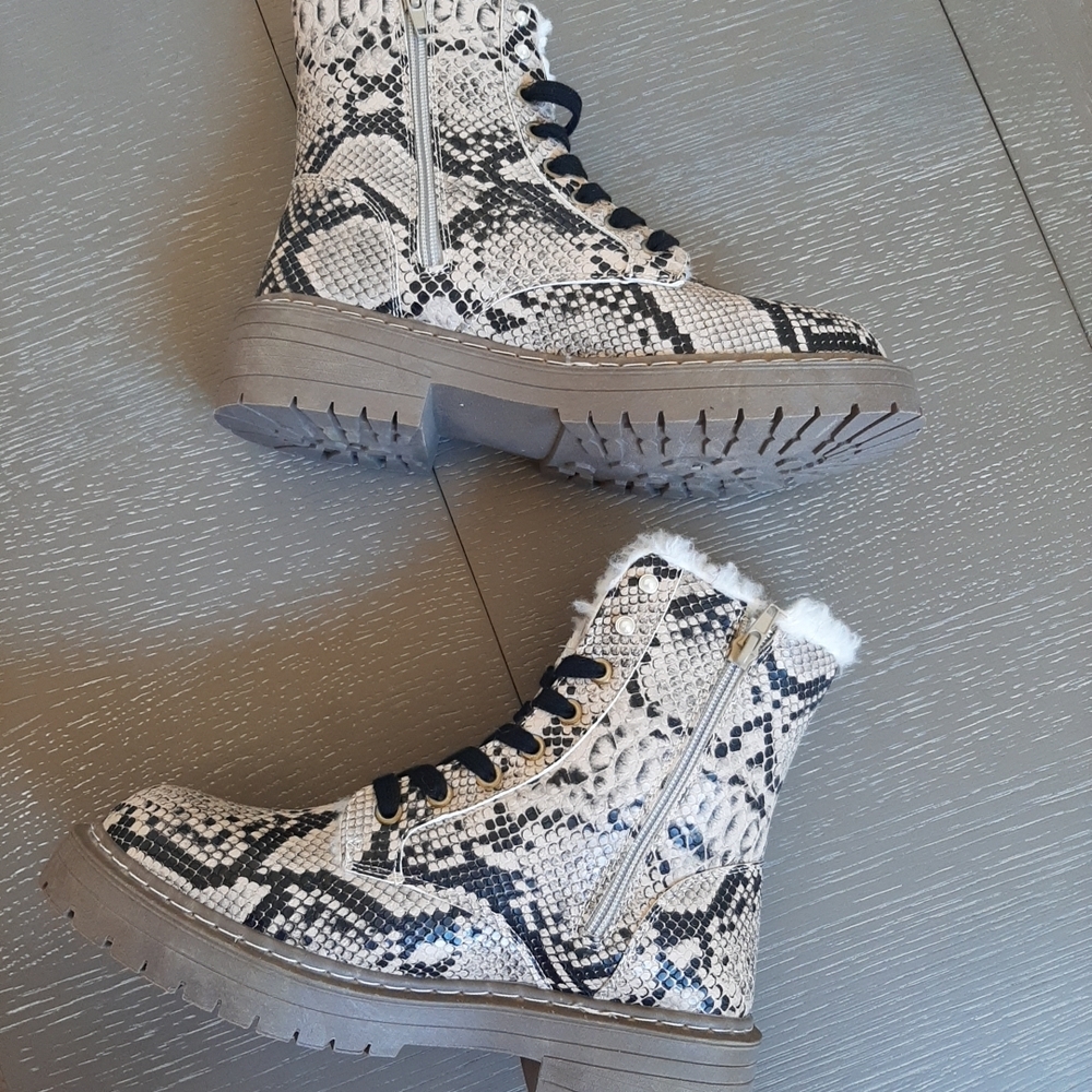 True Craft Snake Print Combat Boots - Black, White, Gray